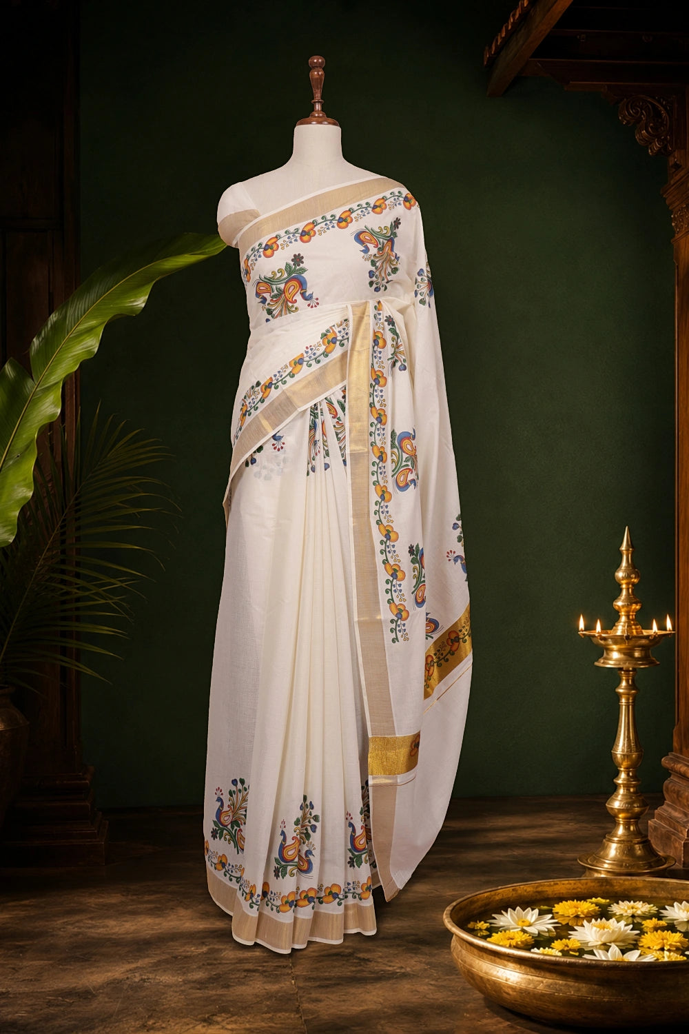 Off White Cotton Kerala Saree