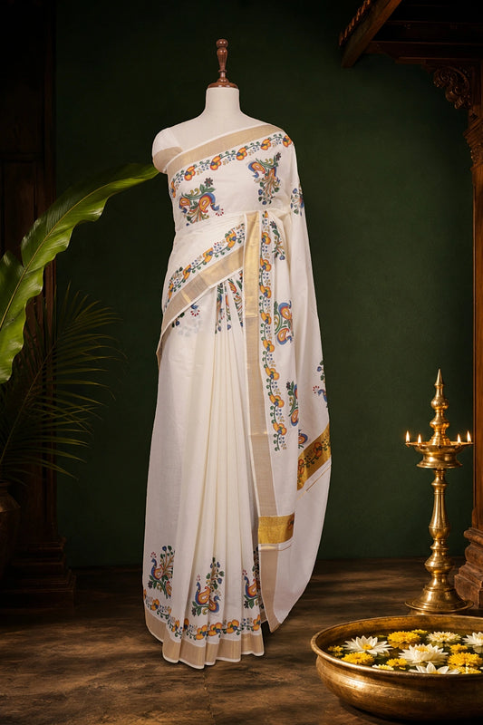 Off White Cotton Kerala Saree - Seematti