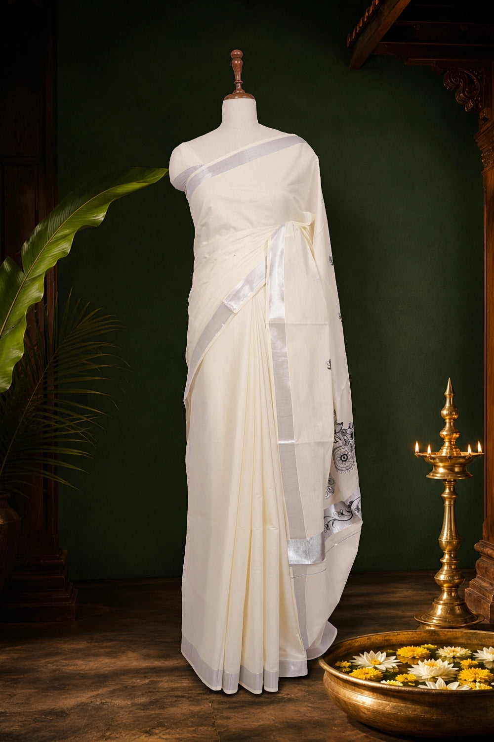 Off White Cotton Kerala Saree