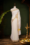 Off White Cotton Zari And Thread Work Kerala Saree With Golden Border - Seematti