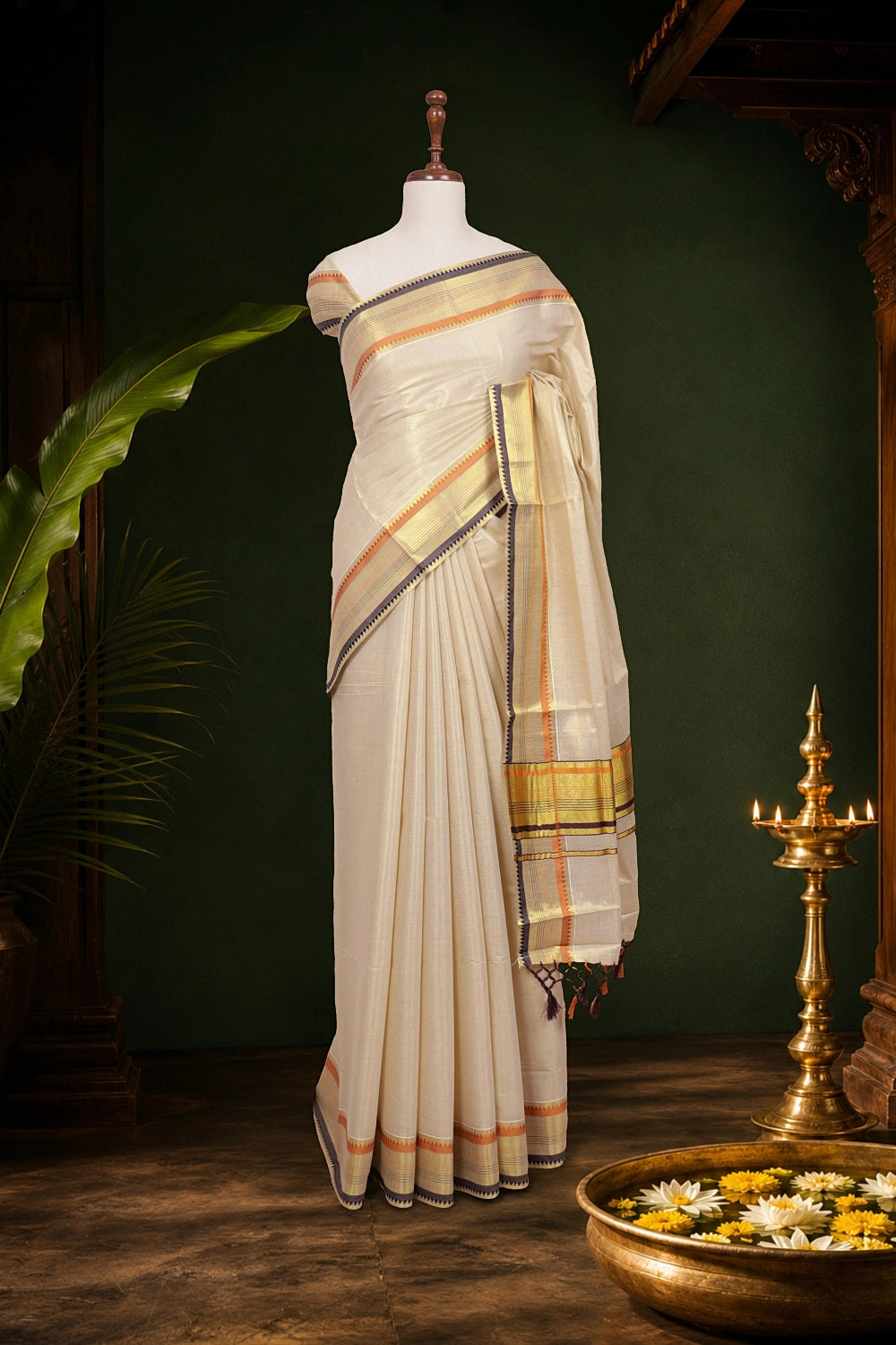 Golden tissue Kerala saree with temple border - Seematti