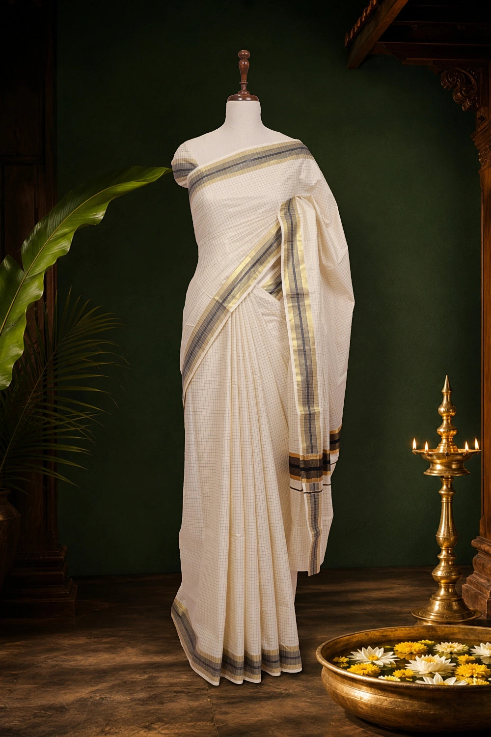 Off white Kerala saree with check weave, black gold border - Seematti