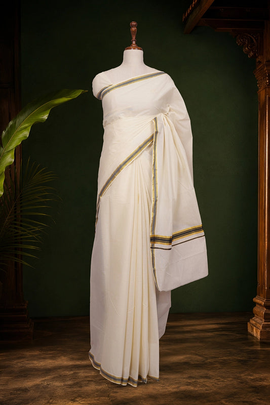 Off White Cotton Kerala Saree with small border - Seematti