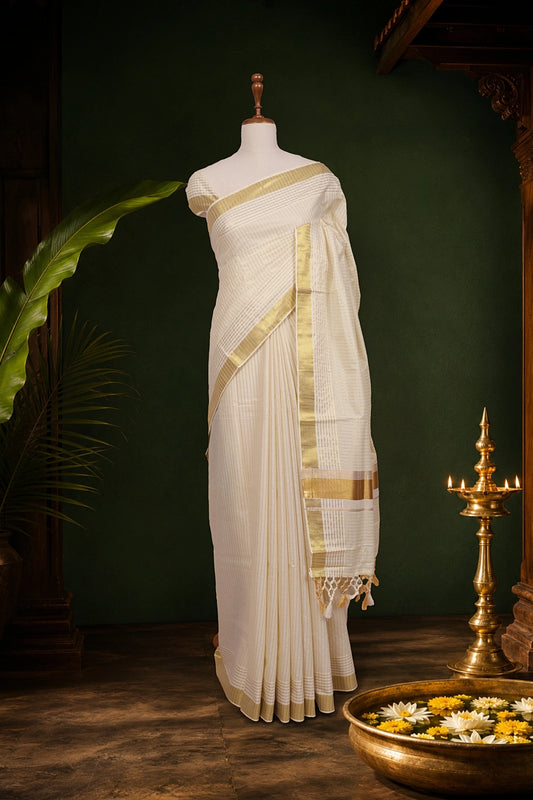 Off White Cotton Kerala Saree - Seematti