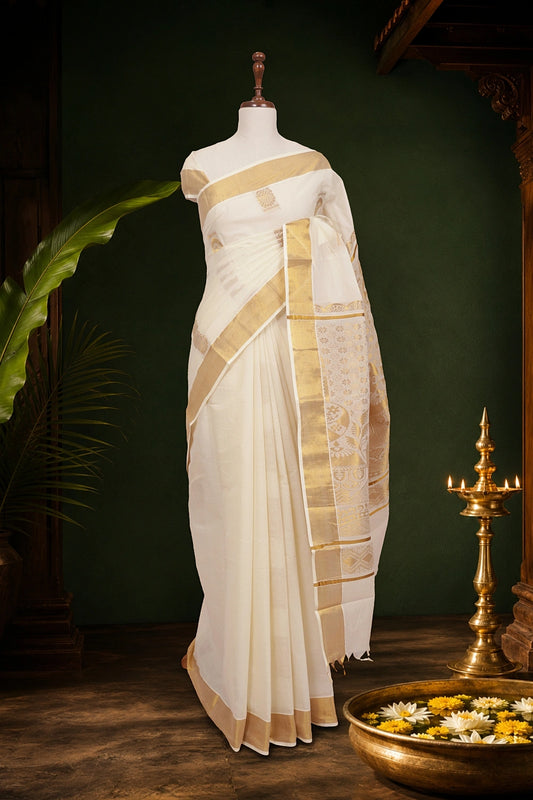 Off White Cotton Kerala Saree - Seematti
