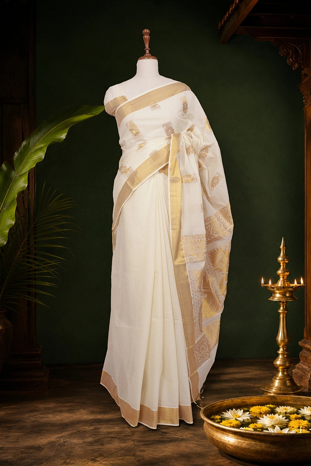 Off White Cotton Kerala Saree