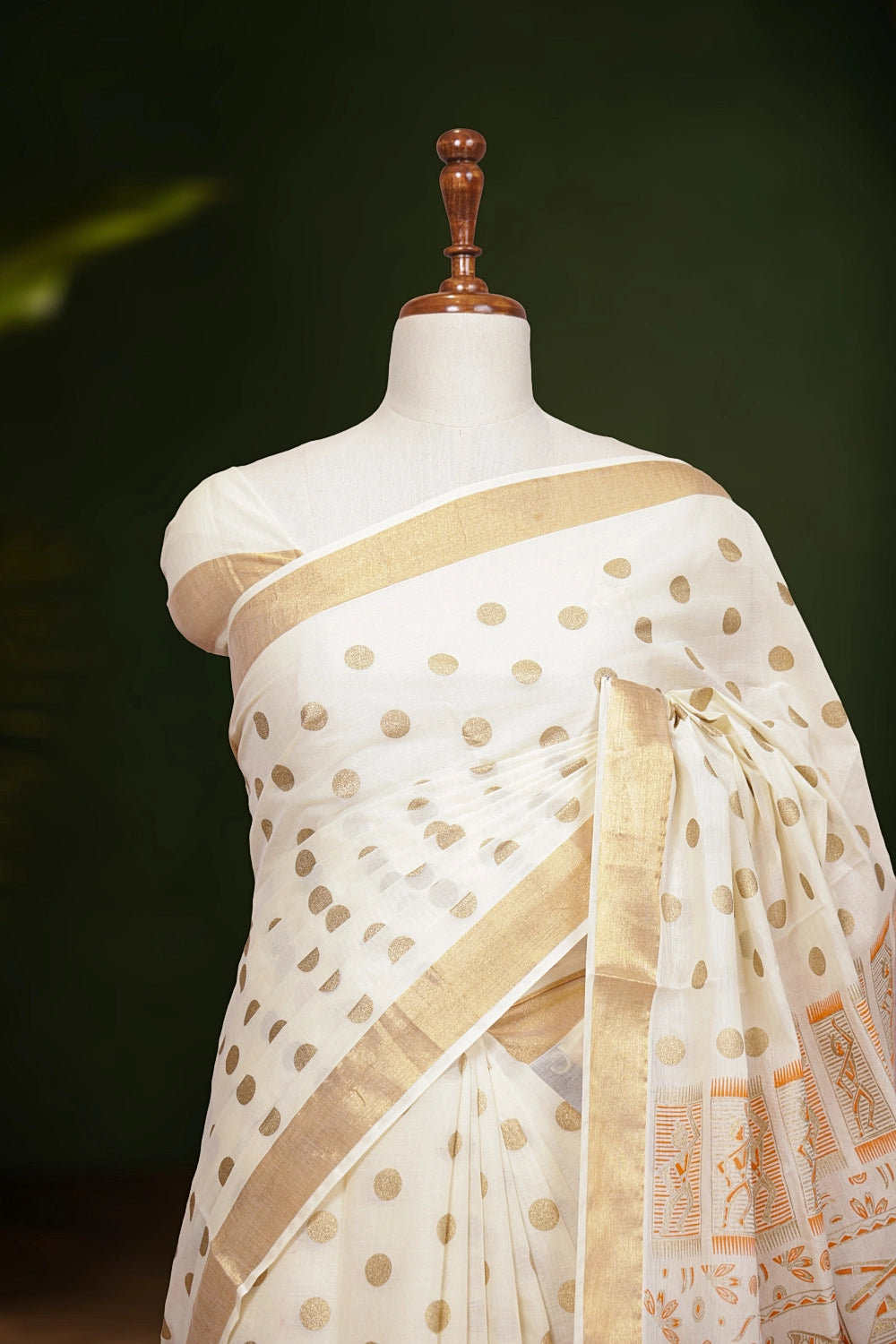 Off White Cotton Kerala Saree fabric texture, golden dot weave detail