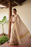 Golden Tissue Kerala Saree with botanical print - Seematti