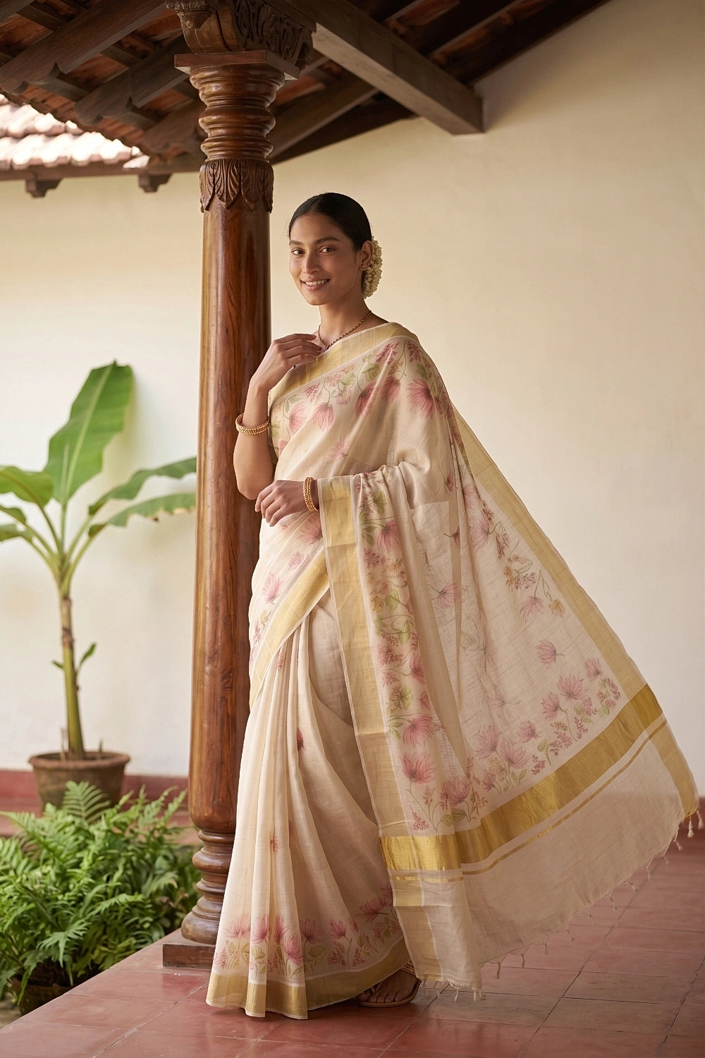 Golden Tissue Kerala Saree with botanical print - Seematti