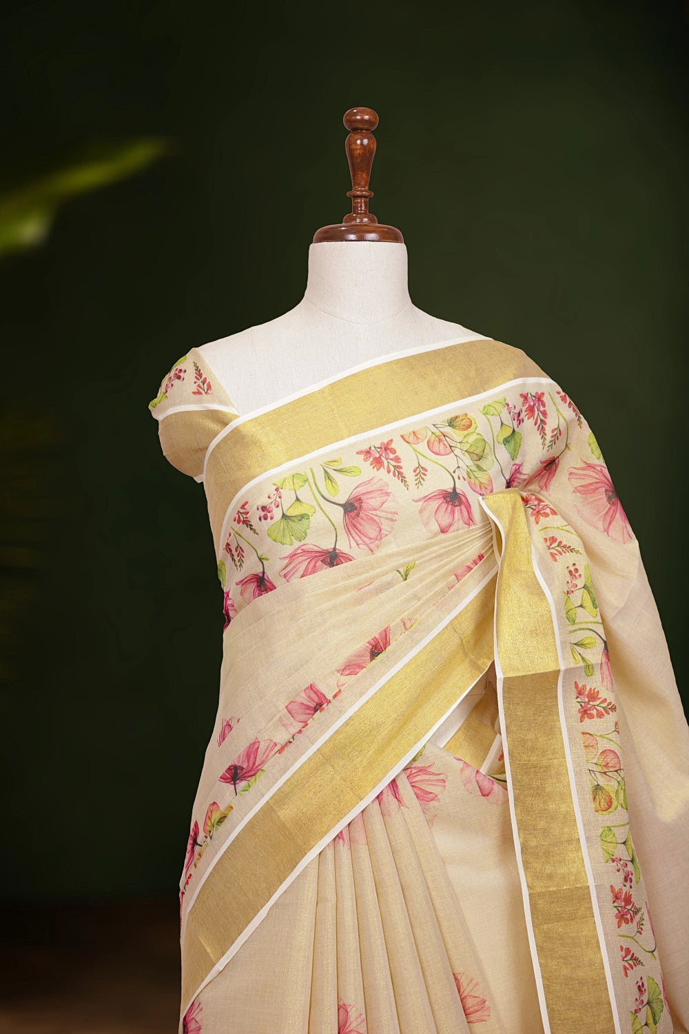 Golden Tissue Kerala Saree fabric texture, pink floral print detail