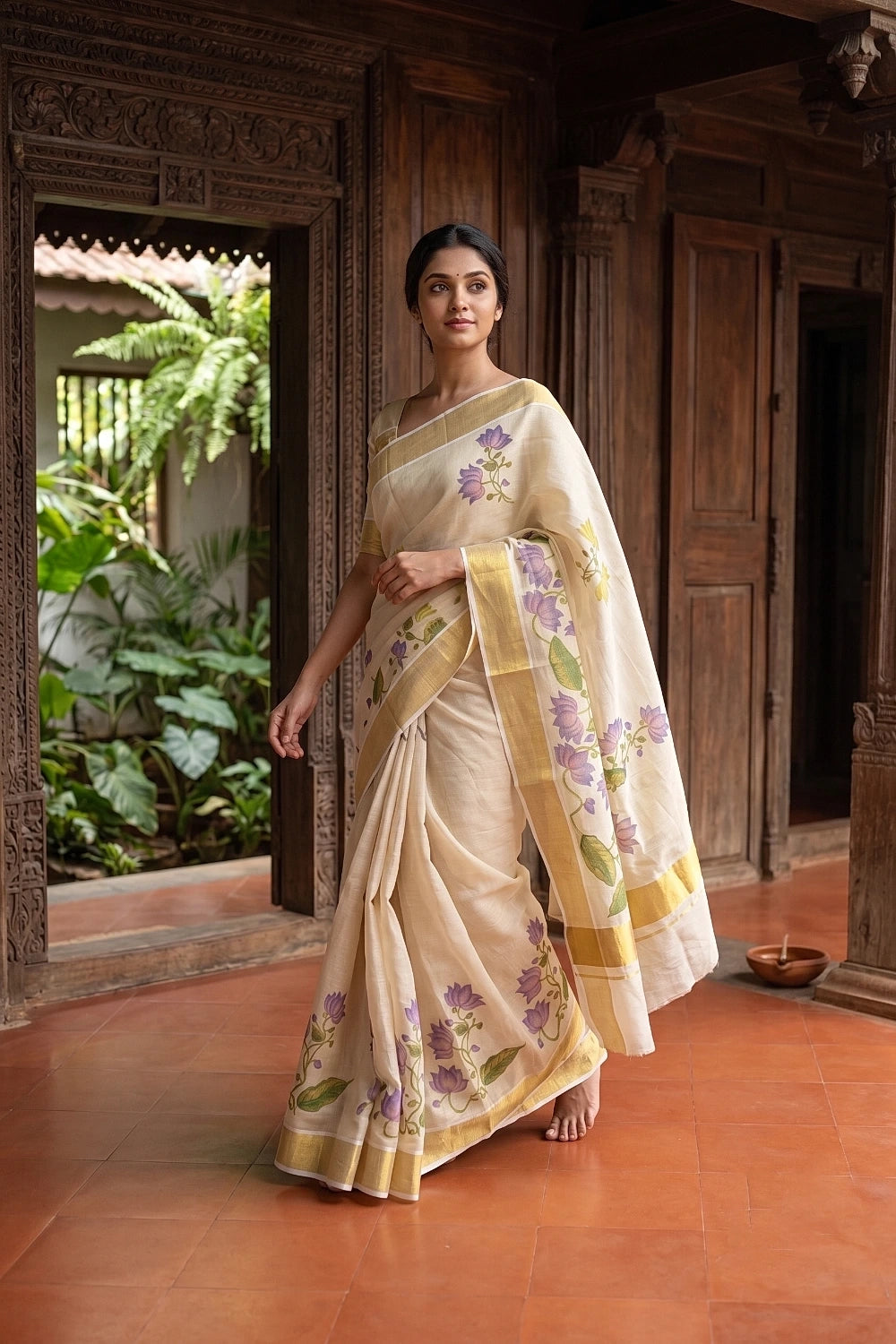 Golden Tissue Kerala Saree with lotus vine print - Seematti