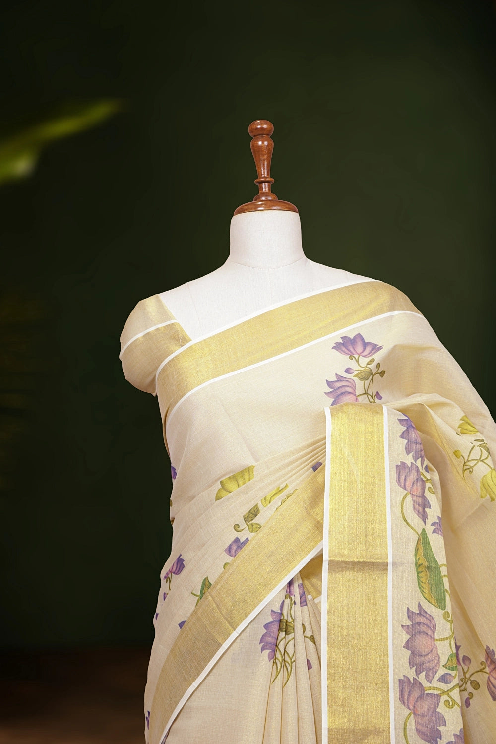 Golden Tissue Kerala Saree fabric texture, lavender print detail