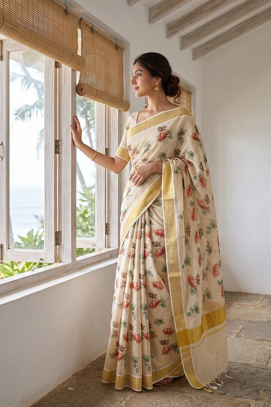 Golden Tissue Kerala Saree with lotus floral print - Seematti
