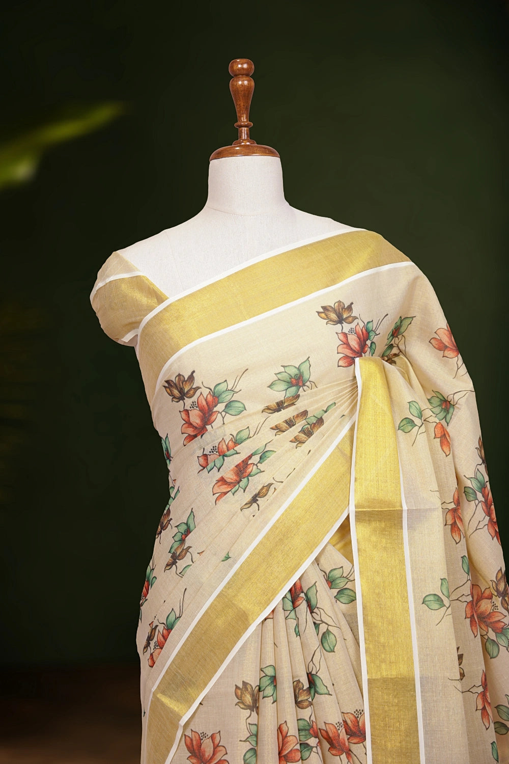 Golden Tissue Kerala Saree fabric texture, lotus print detail