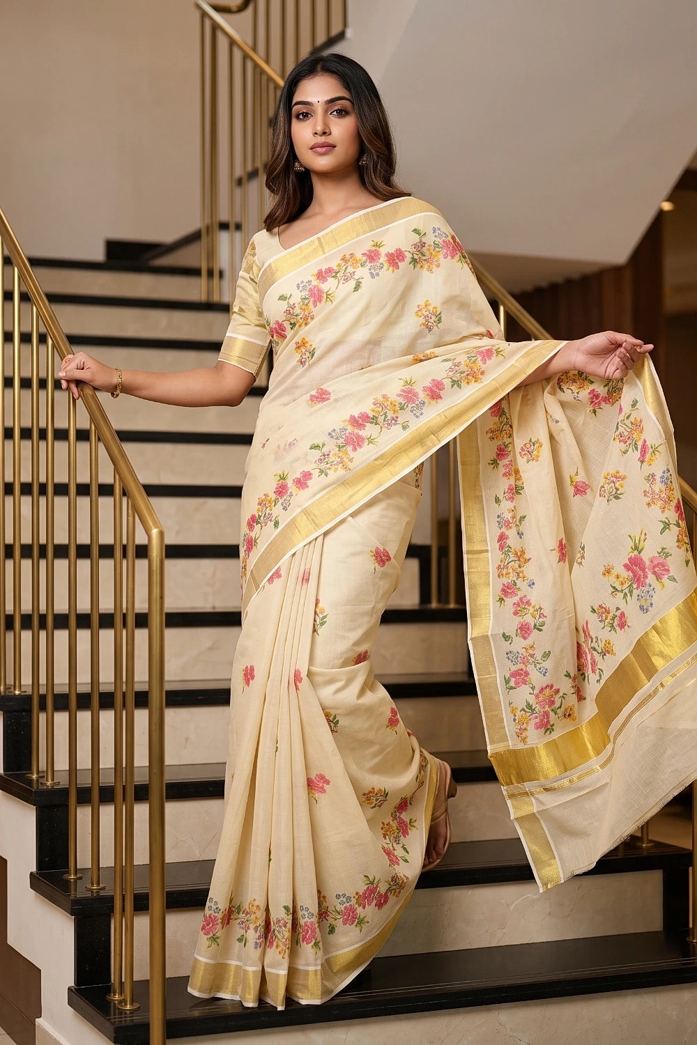 Golden Tissue Kerala Saree with floral print - Seematti
