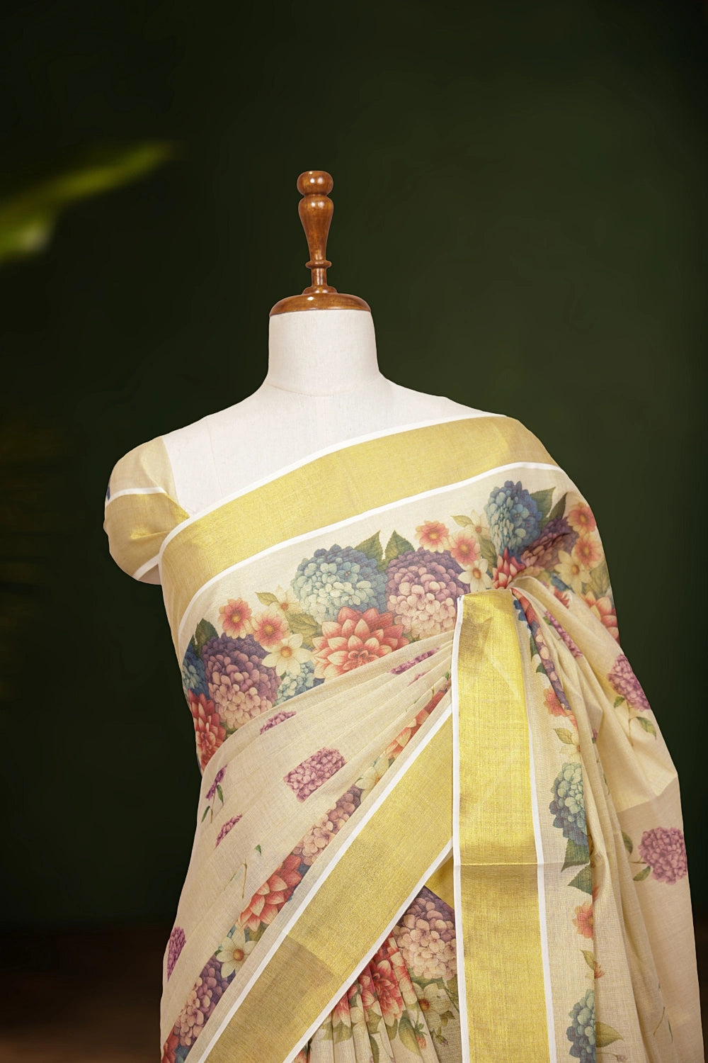 Golden Tissue Kerala Saree fabric texture, floral print detail