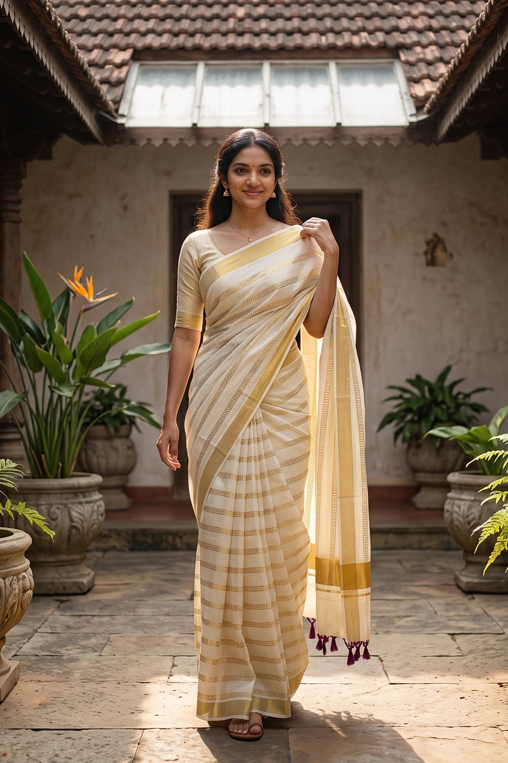 Cream Cotton Kerala Saree with golden border - Seematti