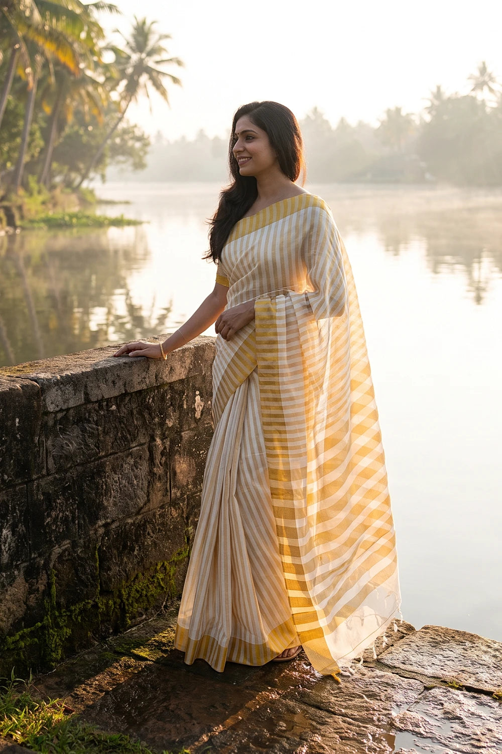 Off White Cotton Kerala Saree with golden border - Seematti