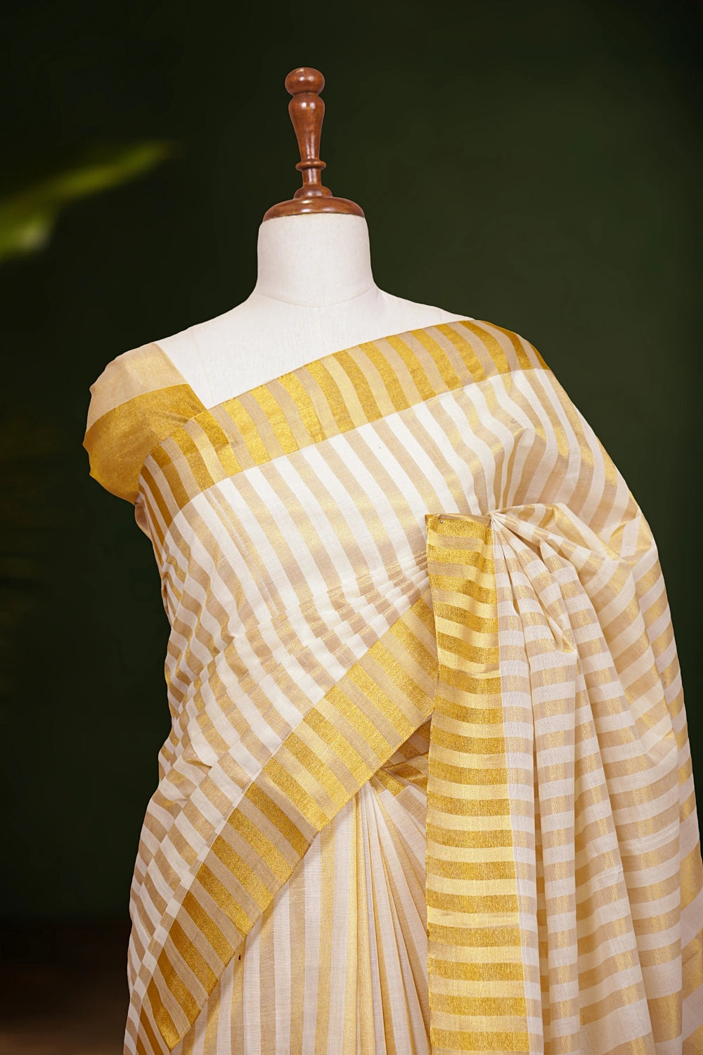 Off White Cotton Kerala Saree fabric texture, golden stripe detail