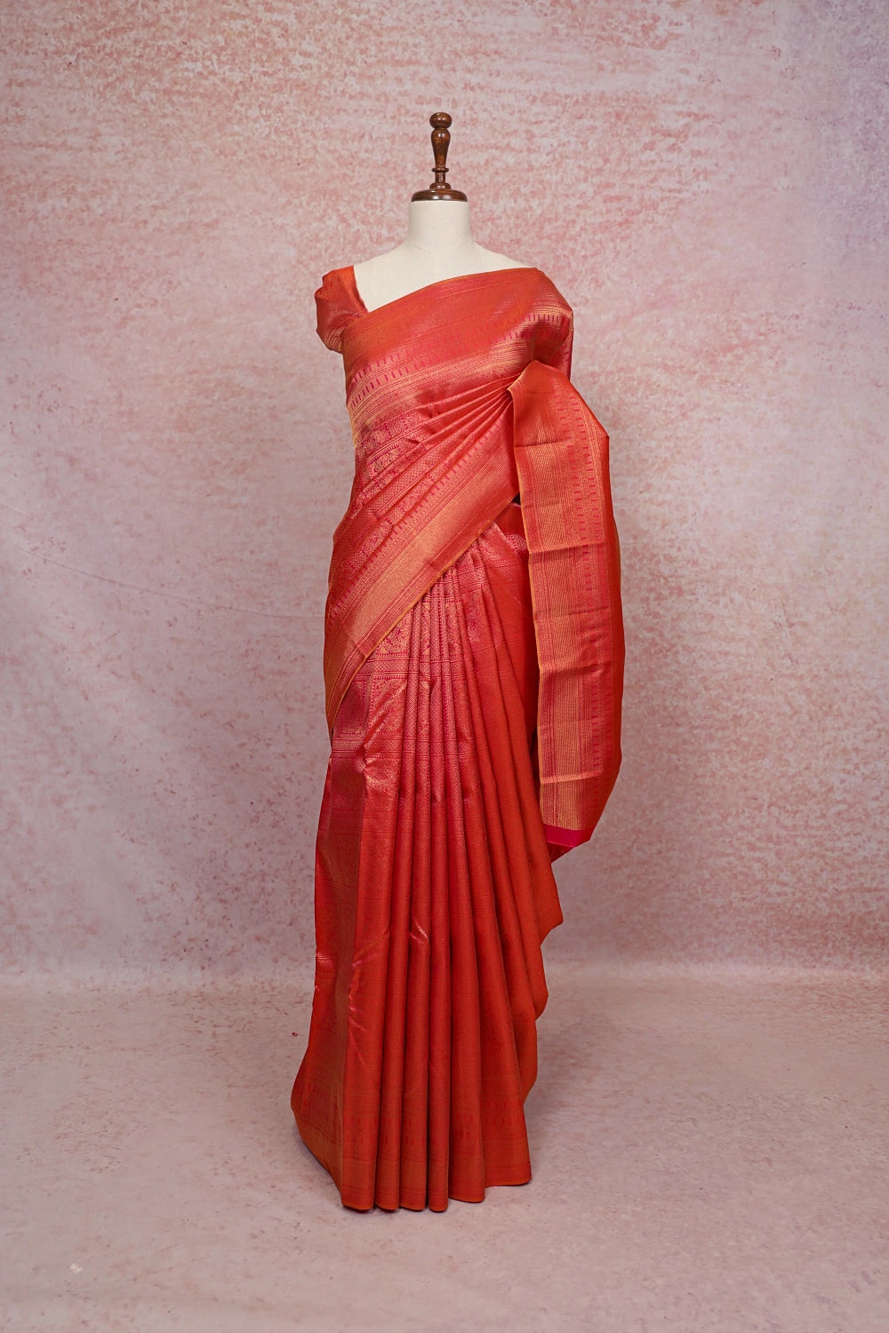 Carrot Peach Kancheepuram Silk Saree