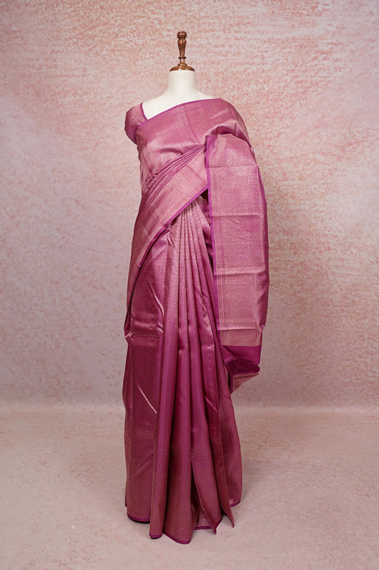 Onion Pink Kancheepuram Silk Saree with designer border - Seematti