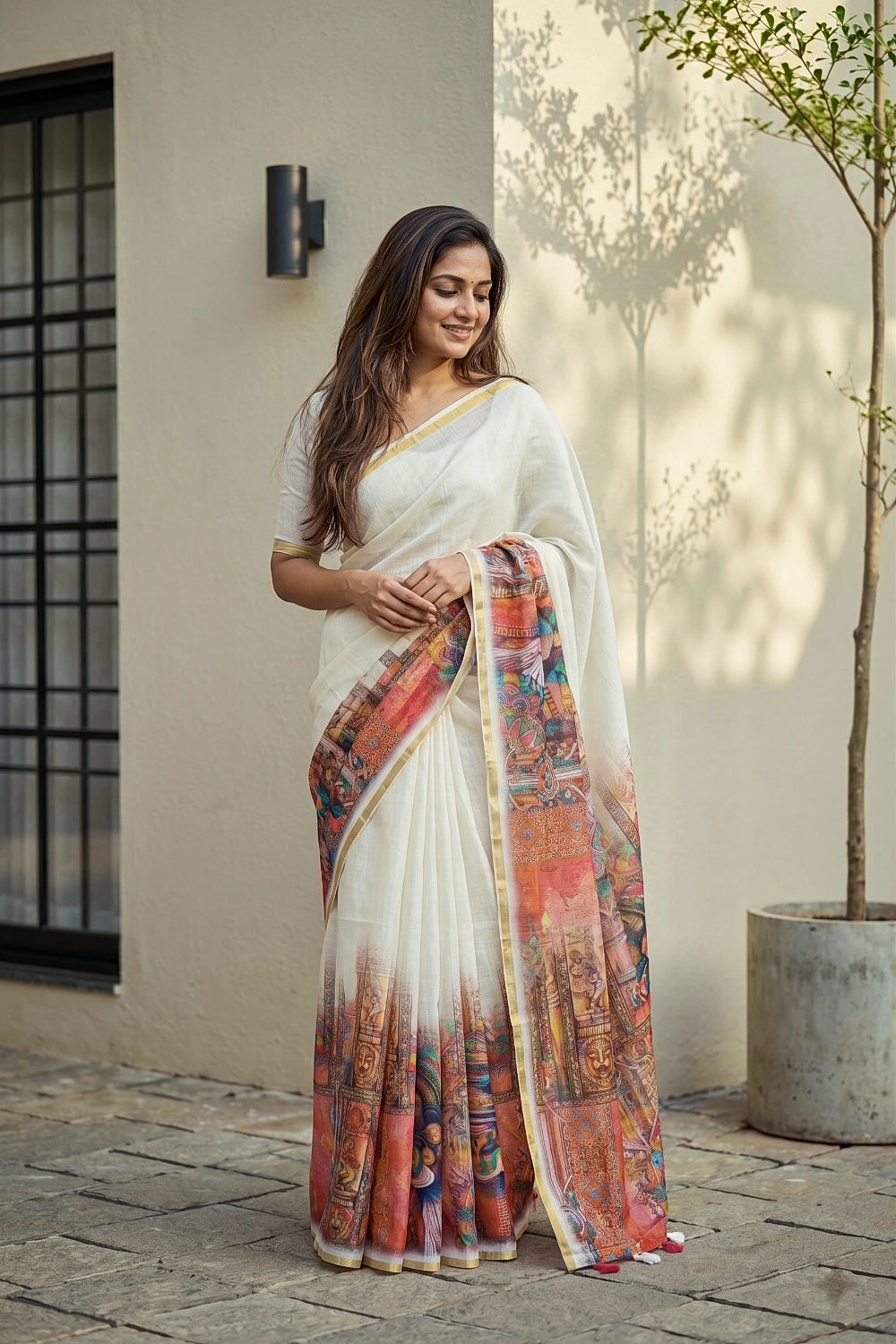 Off White Semi Linen Printed Kerala Saree