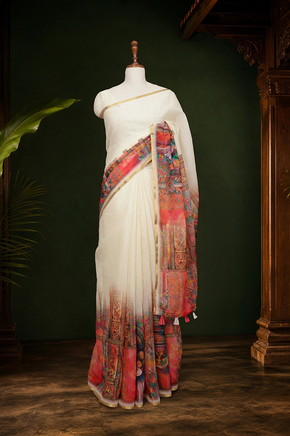 Off White Semi Linen Kerala Saree