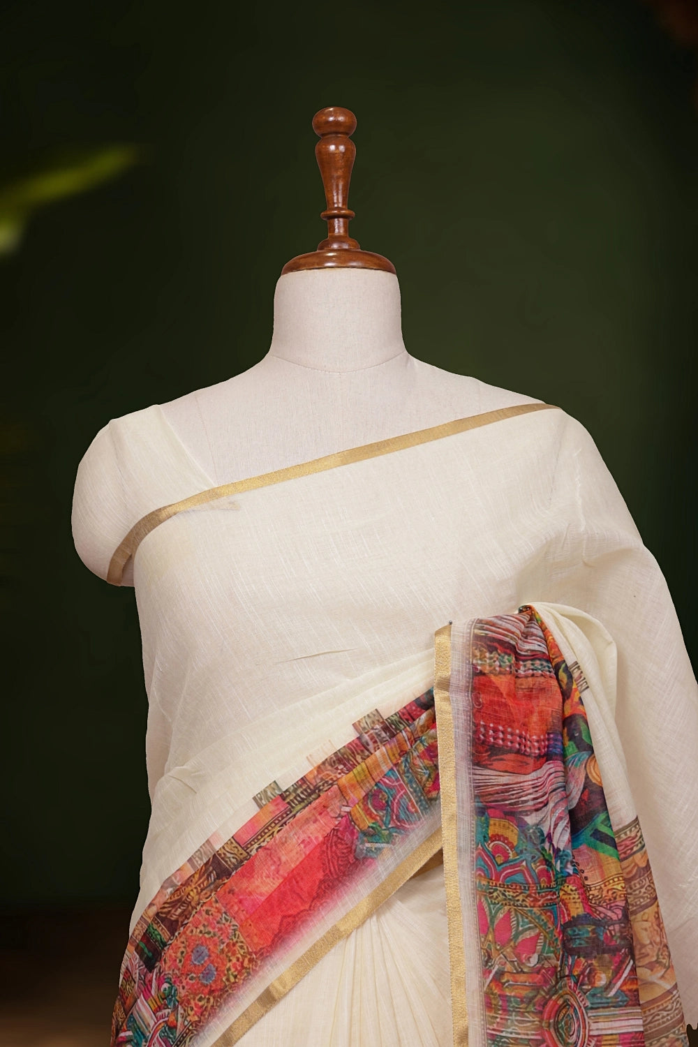 Off White Semi Linen Kerala Saree