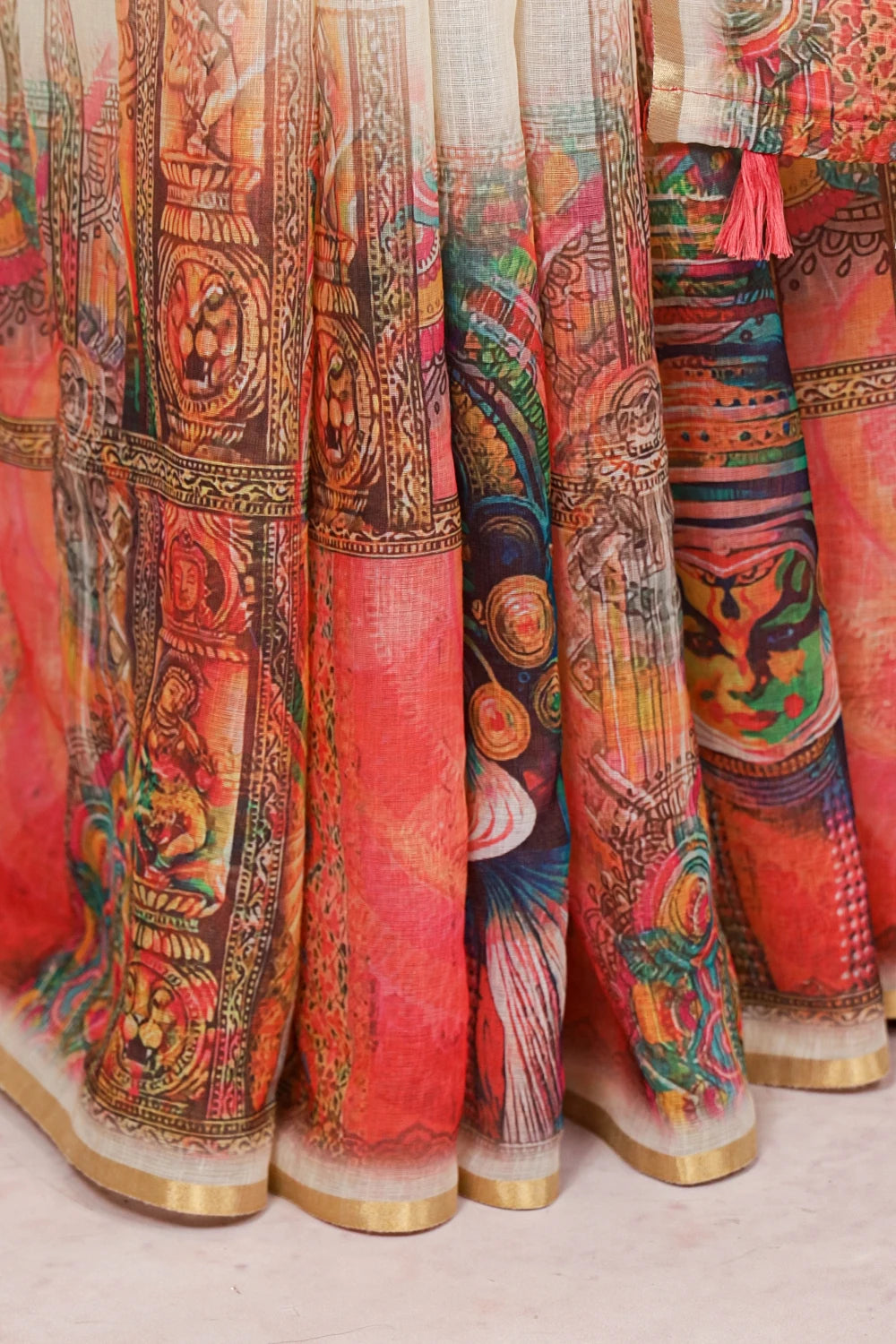 Off White Semi Linen Printed Kerala Saree