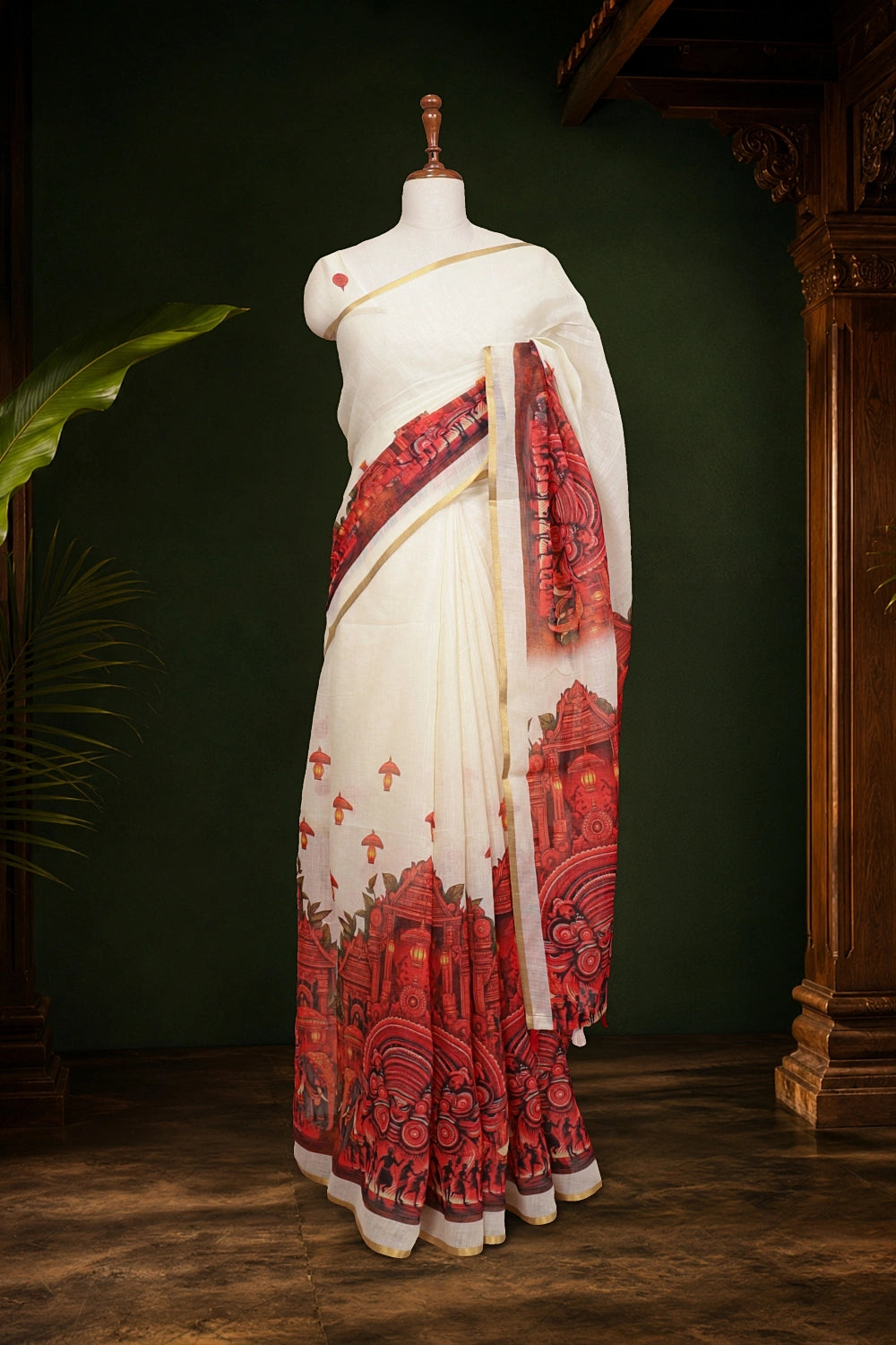 Off White Semi Linen Printed Kerala Saree