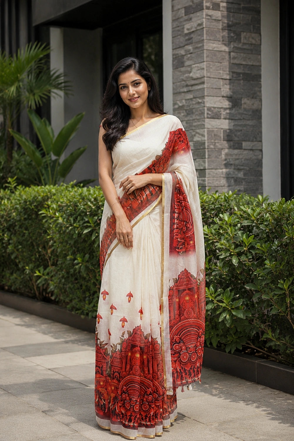 Off White Semi Linen Kerala Saree