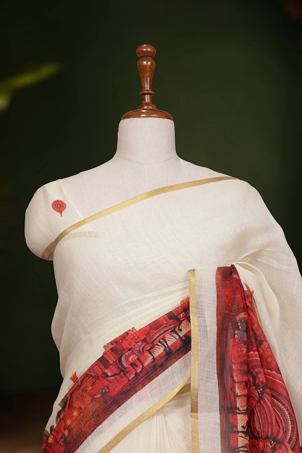 Off White Semi Linen Kerala Saree