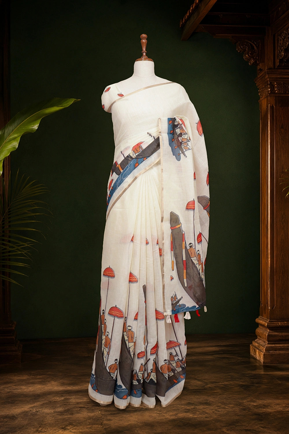 Off White Semi Linen Kerala Saree - Seematti