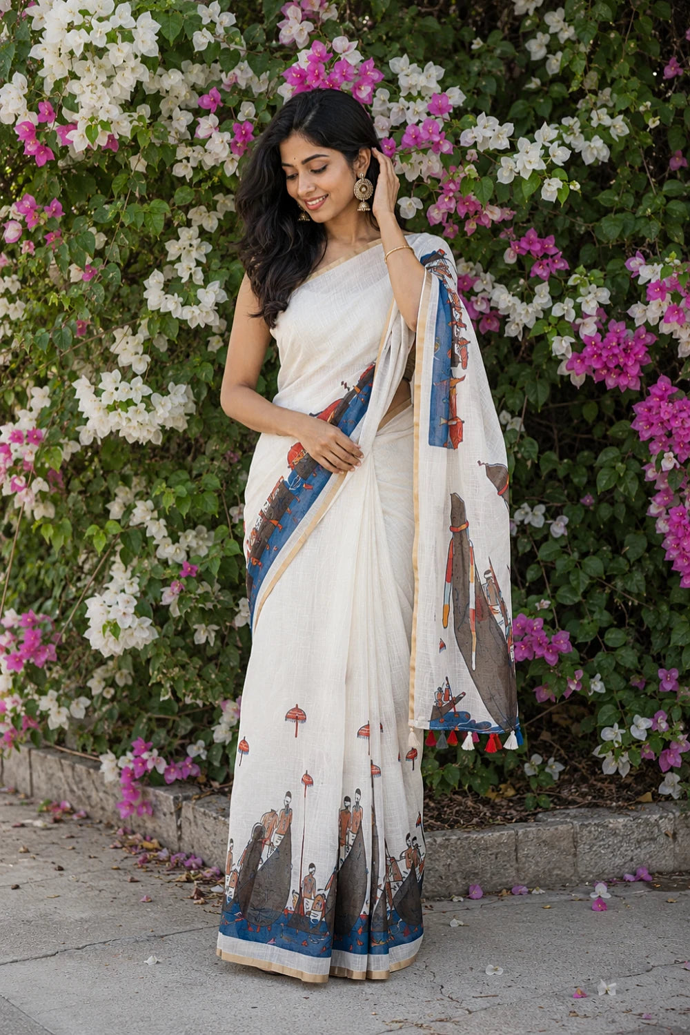 Off White Semi Linen Kerala Saree