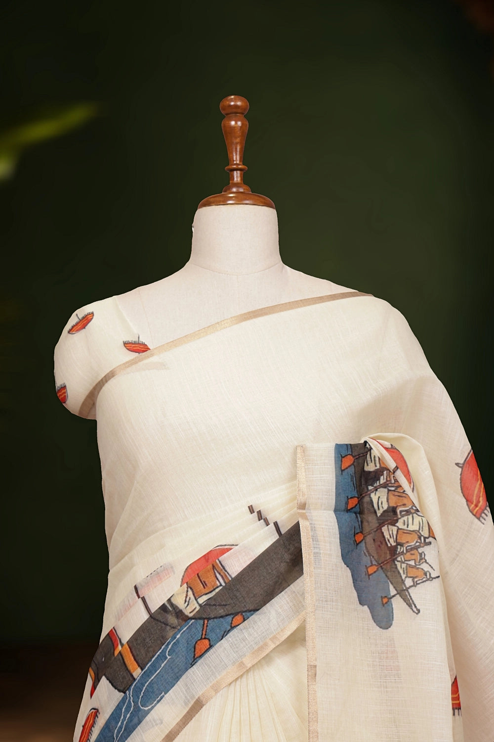 Off White Semi Linen Kerala Saree
