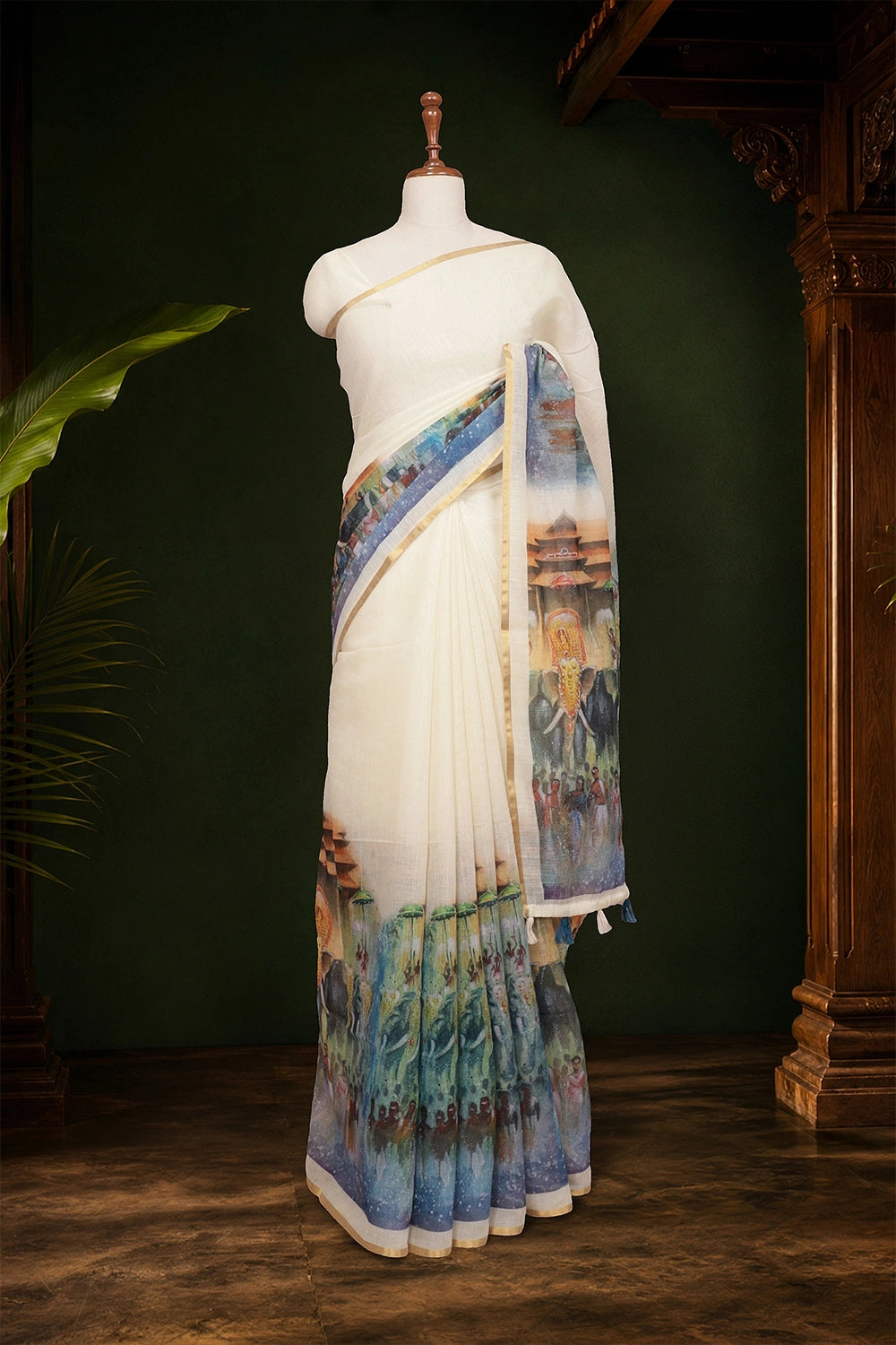Off White Semi LInen Kerala Saree - Seematti