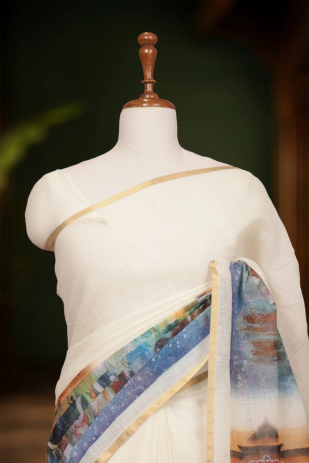 Off White Semi LInen Kerala Saree - Seematti