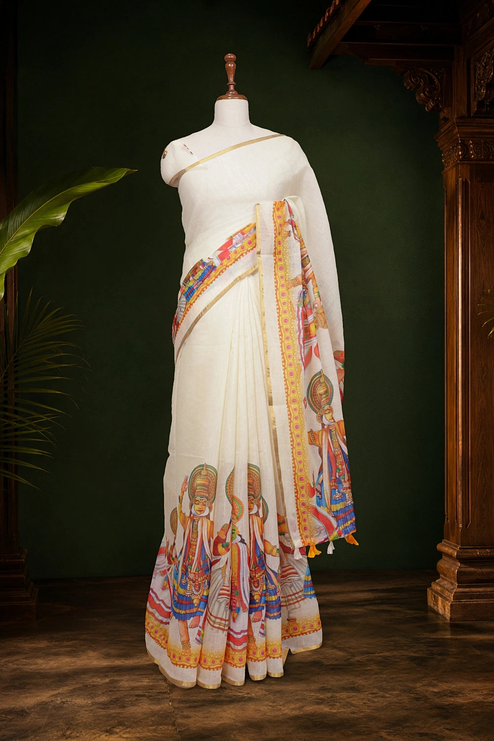 Off White Semi Linen Kerala Saree