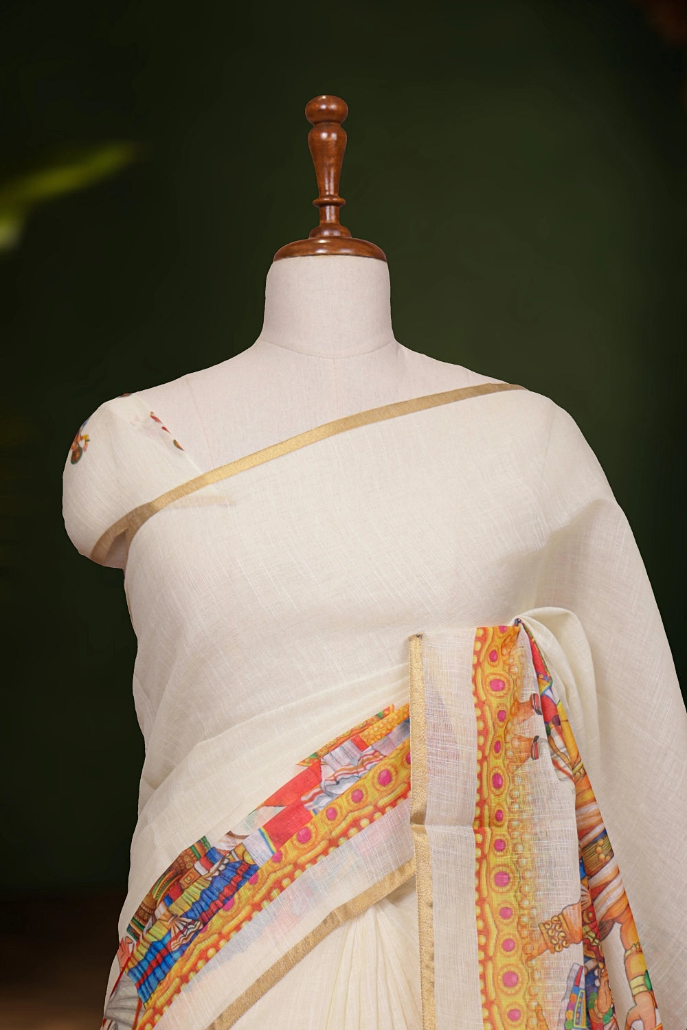 Off White Semi Linen Kerala Saree