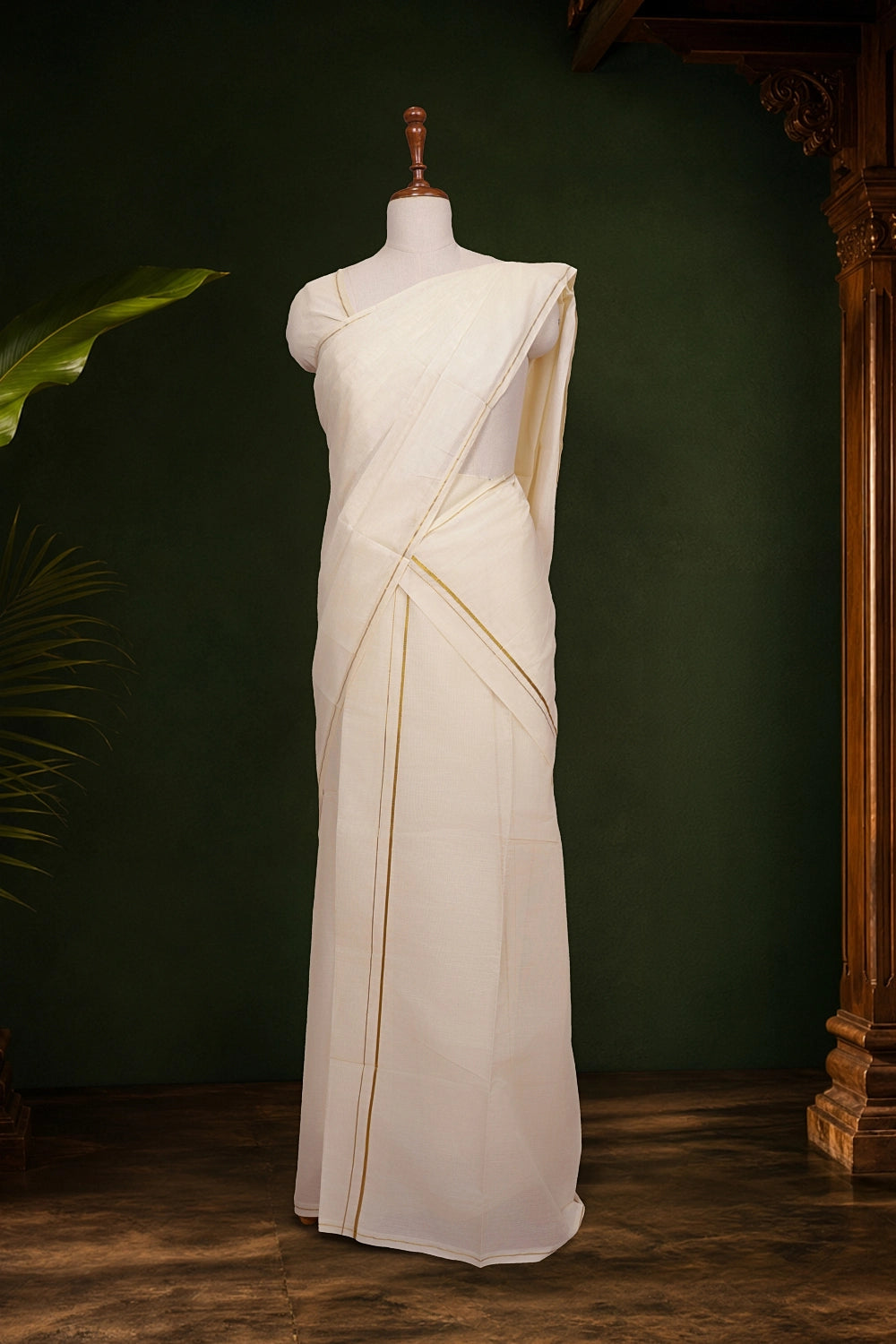 Off White Cotton Kerala Set Mundu