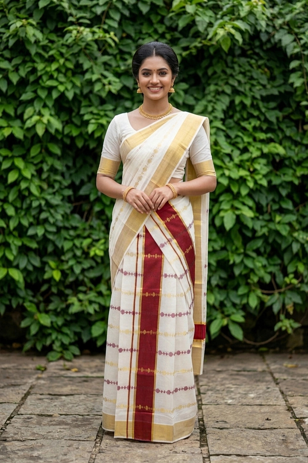 Off White Cotton Kerala Set Mundu