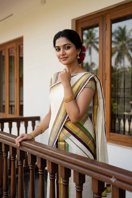Off White Cotton Kerala Set Mundu