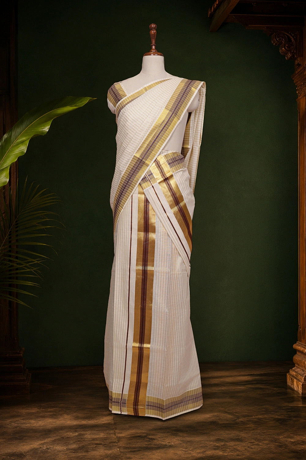 Off White Cotton Kerala Set Mundu
