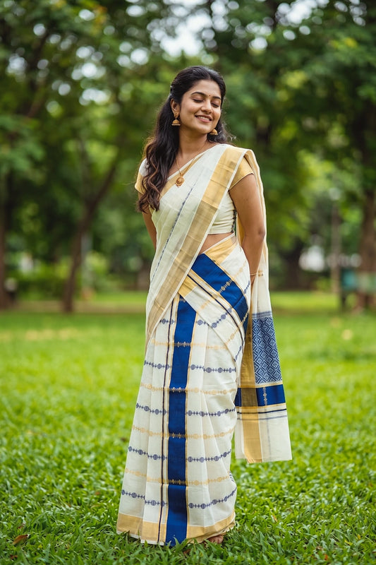 Off White Cotton Kerala Set Mundu
