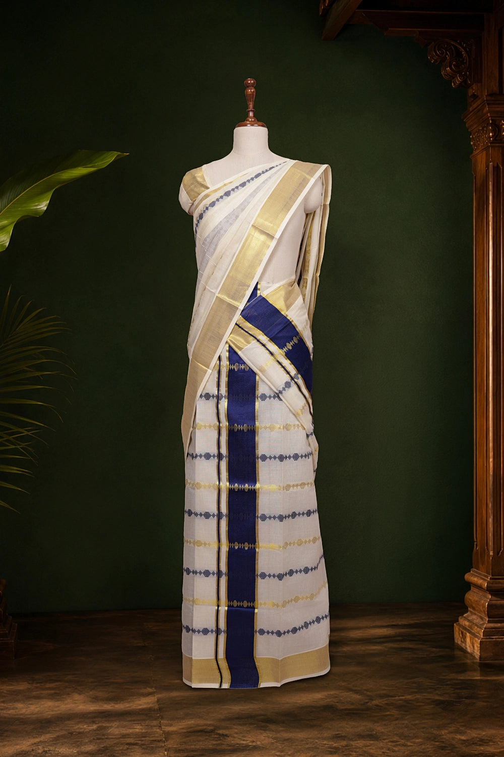 Off White Cotton Kerala Set Mundu