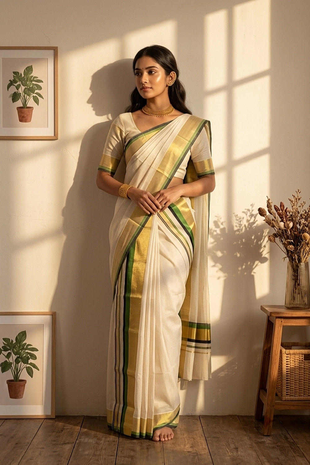 Off White Cotton Kerala Set Mundu