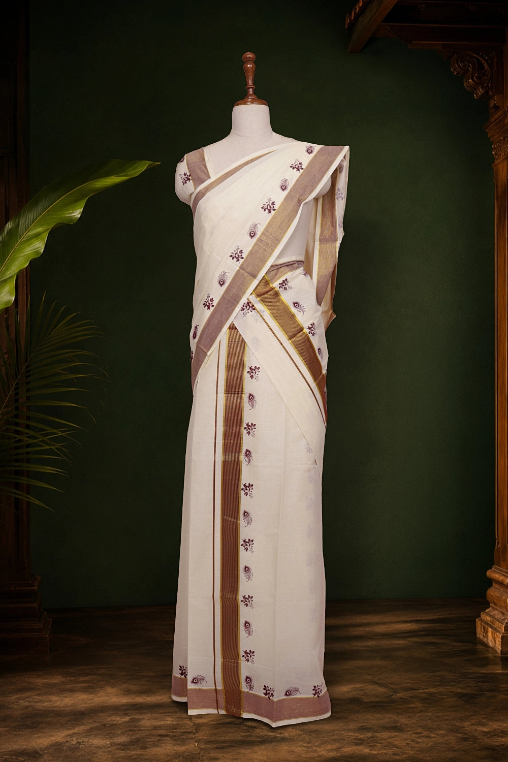 Off White Cotton Kerala Set Mundu