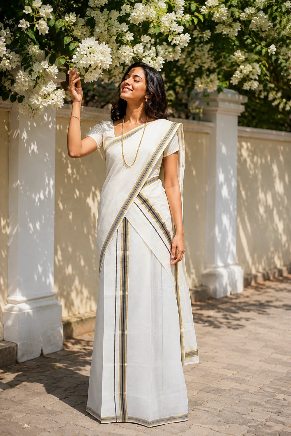 Off White Cotton Kerala Set Mundu