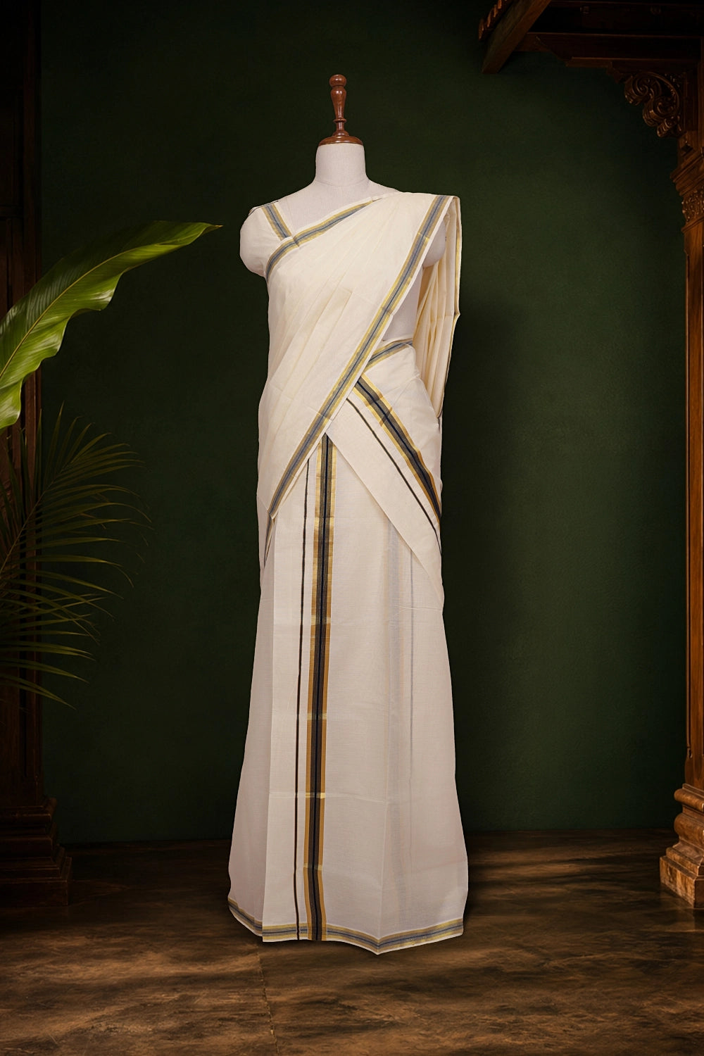 Off White Cotton Kerala Set Mundu