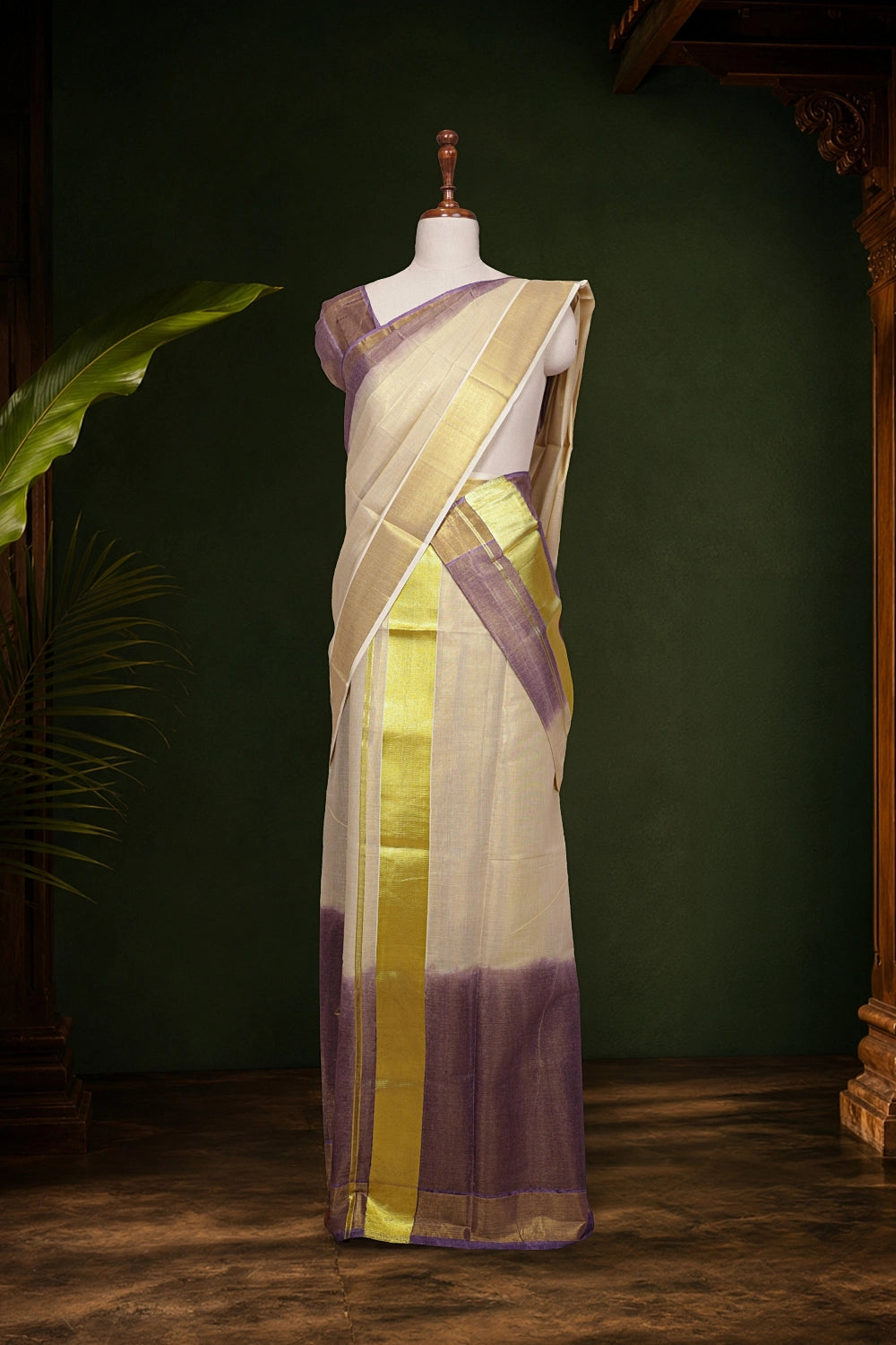 Golden And Lavender Tissue Kerala Set Mundu